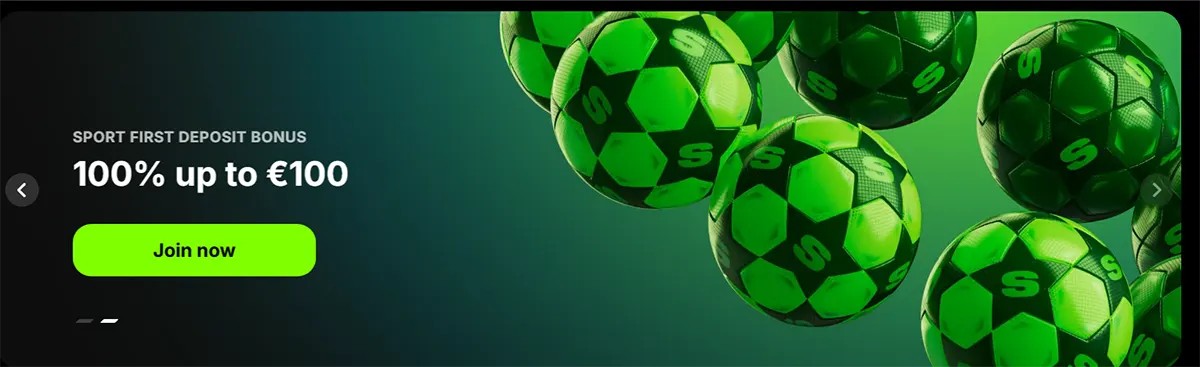 Sports bonus banner showing a first deposit offer of 100% up to €100, with a bright green “Join now” button and multiple green footballs on a dark background.