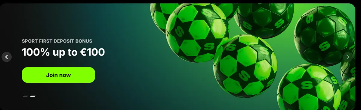 Sports bonus banner showing a first deposit offer of 100% up to €100, with a bright green “Join now” button and multiple green footballs on a dark background.