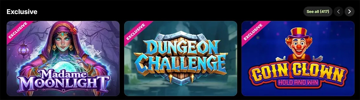 Exclusive casino games row featuring Madame Moonlight, Dungeon Challenge, and Coin Clown Hold and Win on a dark interface.