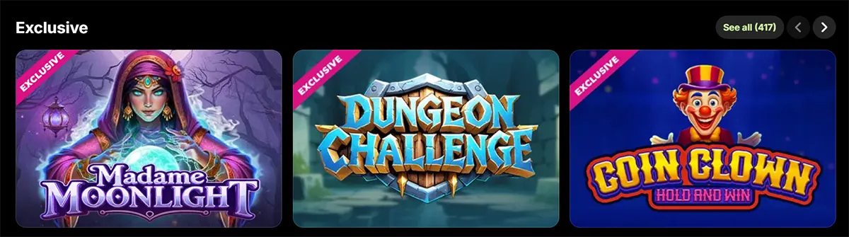 Exclusive casino games row featuring Madame Moonlight, Dungeon Challenge, and Coin Clown Hold and Win on a dark interface.