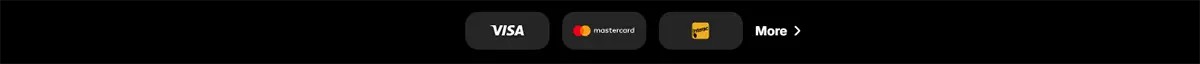 Payment methods row showing Visa, Mastercard, and Jeton icons alongside a “More” link on a dark background.