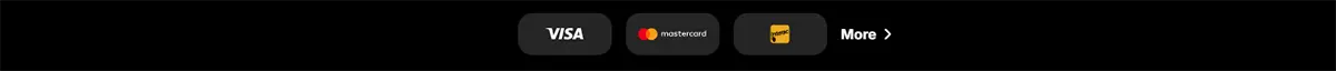 Payment methods row showing Visa, Mastercard, and Jeton icons alongside a “More” link on a dark background.