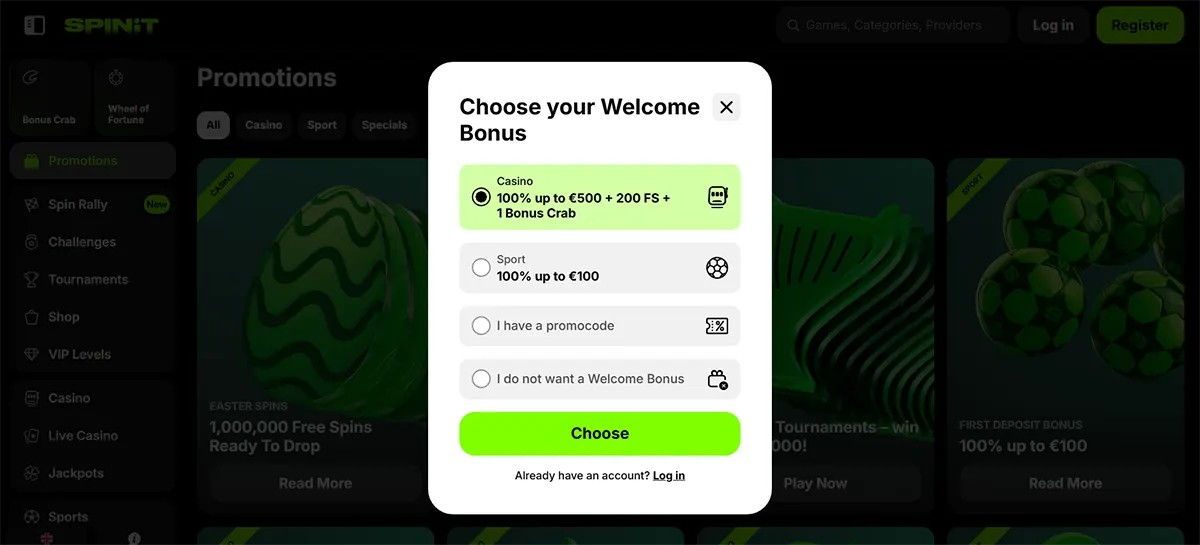 Casino welcome bonus selection popup with options for a casino bonus, sports bonus, promo code, or no welcome bonus, plus a bright green “Choose” button over a darkened promotions page.