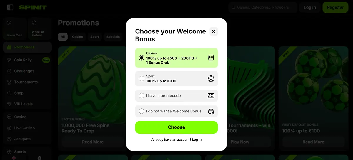 Casino welcome bonus selection popup with options for a casino bonus, sports bonus, promo code, or no welcome bonus, plus a bright green “Choose” button over a darkened promotions page.